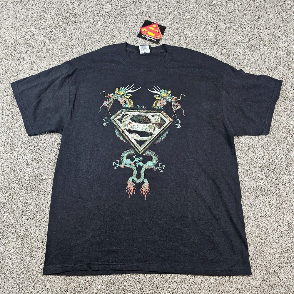 Vintage Superman Shirt Mens Large Black Logo Y2K Warner Bros DC Comics Dragon